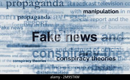 Notizie false propaganda cospirazione teorie disinformazione manipolazione. Titolo news titoli International media abstract concetto 3D illustrazione. Foto Stock