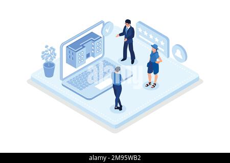 Personaggi che cercano e scelgono l'appartamento o la casa per affittare o comprare. Concetto di mercato immobiliare, disegno vettoriale isometrico moderno Illustrazione Vettoriale