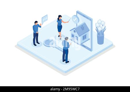 Personaggi che cercano e scelgono l'appartamento o la casa per affittare o comprare. Concetto di mercato immobiliare, disegno vettoriale isometrico moderno Illustrazione Vettoriale