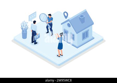 Personaggi che cercano e scelgono l'appartamento o la casa per affittare o comprare. Concetto di mercato immobiliare, disegno vettoriale isometrico moderno Illustrazione Vettoriale