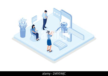 Personaggi che fanno domande e ricevono risposte. Supporto ai Assistant e concetto FAQ, disegno vettoriale isometrico moderno Illustrazione Vettoriale