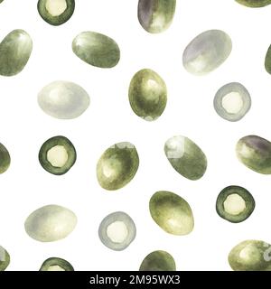 Olive acquerello motivo senza cuciture. Illustrazione disegnata a mano su sfondo nero Foto Stock