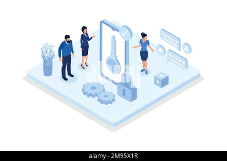 Sicurezza dei caratteri pagare con carta di credito on-line sul terminale contactless. Concetto di sicurezza della moneta elettronica, illustrazione moderna del vettore isometrico Illustrazione Vettoriale