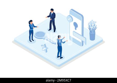 Personaggi che cercano e scelgono l'appartamento o la casa per affittare o comprare. Concetto di mercato immobiliare, disegno vettoriale isometrico moderno Illustrazione Vettoriale