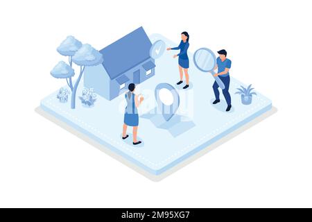 Personaggi che cercano e scelgono l'appartamento o la casa per affittare o comprare. Concetto di mercato immobiliare, disegno vettoriale isometrico moderno Illustrazione Vettoriale