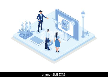 Personaggi che cercano e scelgono l'appartamento o la casa per affittare o comprare. Concetto di mercato immobiliare, disegno vettoriale isometrico moderno Illustrazione Vettoriale