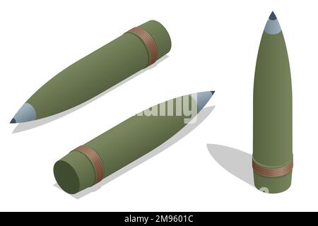 Munizioni isometriche per obitzer 155 mm M777. Conchiglie moderne per artiglieria pesante in barile d'assalto. Illustrazione Vettoriale