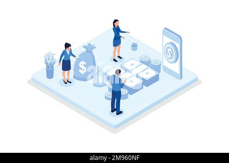 Personaggi che risparmiano denaro, risparmio di denaro e concetto di crescita dei depositi, vettore isometrico illustrazione moderna Illustrazione Vettoriale