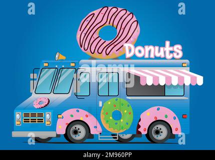 camion alimentare con grandi ciambelle cremose e dolci Illustrazione Vettoriale