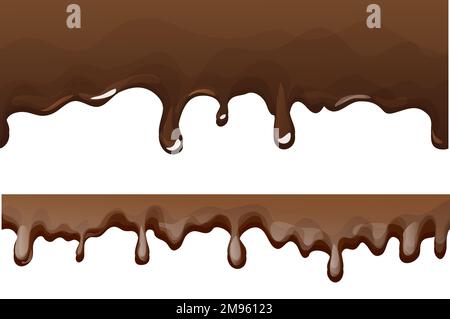 Spruzzi di cioccolato, gocciolamento marrone cremoso in stile cartoon isolato su sfondo bianco. Ondate fluide di cioccolato fuso, cacao o dessert al cioccolato. Illustrazione vettoriale Illustrazione Vettoriale