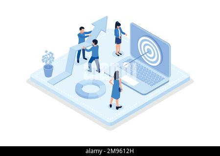 La gente che progetta l'ottimizzazione di seo. SEO targeting e concetto di prestazioni, vettore isometrico moderna illustrazione Illustrazione Vettoriale