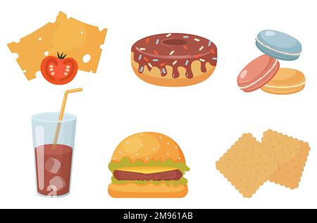 cibo impostare ciambella bicchiere con bevande fredde formaggio e pomodoro hamburger macaroon e biscotti Illustrazione Vettoriale