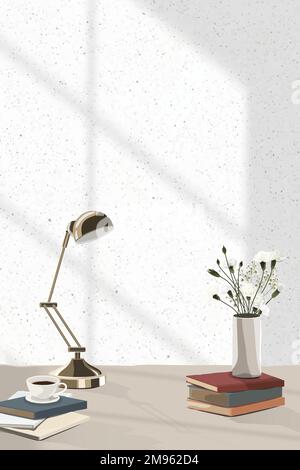 Lampada dai libri su un tavolo con vettore fiori Illustrazione Vettoriale