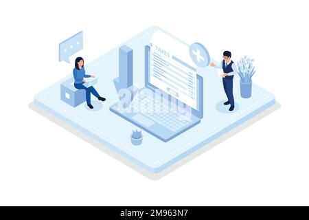 Carattere preparazione e invio on-line dichiarazione fiscale, concetto di tassazione, vettore isometrico moderna illustrazione Illustrazione Vettoriale