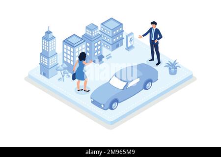 Auto elettrica nel centro della città moderna, concetto di futuro sostenibile, disegno vettoriale isometrico moderno Illustrazione Vettoriale