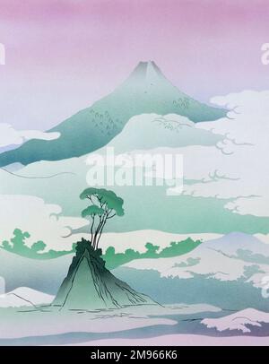 Una vista stilizzata del Monte Fuji in Giappone, nello stile dei famosi stampatori giapponesi di legno dei secoli tardo 18th e 19th. Dipinto di Malcolm Greensmith. Foto Stock