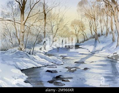 Un vecchio con un bastone cammina il suo cane lungo la riva di un torrente ghiacciato in parte in questa scena invernale. Dipinto di Malcolm Greensmith Foto Stock