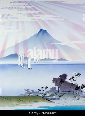 Una vista stilizzata del Monte Fuji in Giappone, nello stile dei famosi stampatori giapponesi di legno dei secoli tardo 18th e 19th. Dipinto di Malcolm Greensmith. Foto Stock