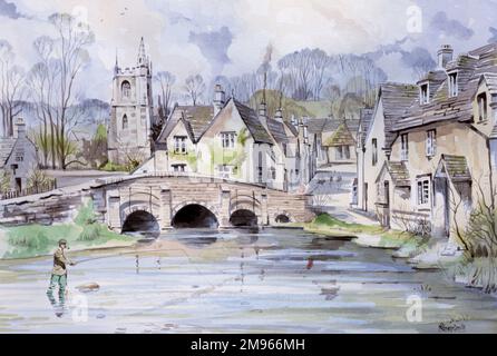 Una vista del tipico villaggio inglese Un gentleman locale sta pescando nel ruscello, vicino ad un ponte che prende una strada fino alla piazza del mercato e la chiesa parrocchiale. Dipinto di Malcolm Greensmith Foto Stock