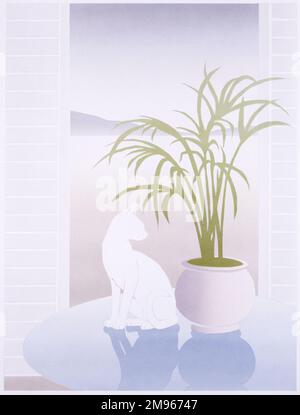 Un aerografo altamente stilizzato dipinto da Malcolm Greensmith di un gatto bianco, sedette in cima a un tavolo rotondo blu pallido riflettente accanto a un vaso di felci sottili. Le persiane si aprono sullo sfondo di una desolata piana (quasi desertica) scena con montagne lontane all'orizzonte. Foto Stock