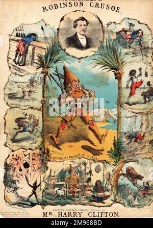 Il design della copertina, The Adventures of Robinson Crusoe, scritto e cantato da Harry Clifton. Sono raffigurate varie scene, con la scoperta dell'impronta nella sabbia al centro e il ritratto di Harry Clifton in alto. Foto Stock