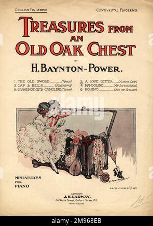 Copertina per un libro di musica per pianoforte per bambini, Treasures from an Old Oak Chest, Miniature per pianoforte di H Baynton-Power. Ci sono sei pezzi in totale: La Vecchia Spada (una marcia), Cap & Bells (scherzino o piccolo scherzo), Crinoline di nonna (minuet), Una lettera d'amore, Mandoline, e Domino (air de ballet). Due bambini, una ragazza e un ragazzo, sono raffigurati guardando attraverso il contenuto del petto. Foto Stock