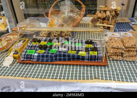 Molto apprezzato (costoso!) Tartufi neri in vendita per la strada ad Alba, la capitale del tartufo d'Italia Foto Stock