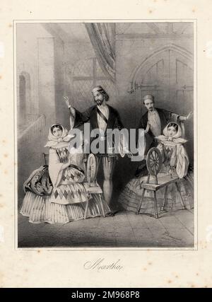 Copertina musicale per l'opera comica intitolata Martha, o il mercato di Richmond di Friedrich von Flotow (1812-1883), ambientato all'inizio del 18th° secolo. Fu suonata per la prima volta a Vienna nel 1847, e più tardi al Theatre Royal, Drury Lane, nel 1849. Lady Harriet e la sua cameriera, stanca dell'alta società, si travestono come Marta e Julia. Sono visti qui seduti alle loro ruote che girano, che sono incapaci di operare, e i due uomini con loro sono i loro pretendenti infruttuosi. La scena è impostata sulla musica come quartetto. Foto Stock