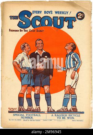 Copertina della rivista Scout, 'The Only Official Weekly Organ of the Boy Scouts', con un'immagine di due calciatori e un arbitro che lancia una moneta in modo sportivo prima dell'inizio di una partita. Foto Stock