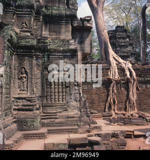 Ingresso al tempio buddista Khmer di Ta Prohm (antenato Brahma) a Siem Reap, Cambogia. E 'stato costruito in stile Bayon nel tardo 12th ° e all'inizio del 13th ° secolo, e originariamente chiamato Rajavihara (Tempio reale). Una delle caratteristiche più distintive è quella dei fichi e dei cotoni di seta che crescono dalle rovine con le loro radici esposte, come si può vedere qui. Foto Stock