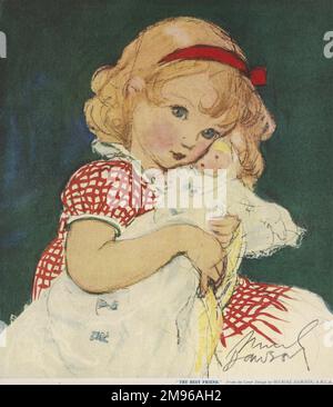 Illustrazione affascinante che mostra una bambina dolce con un nastro rosso legato nei suoi capelli biondi, cocdling la sua bambola preferita vicino. Foto Stock