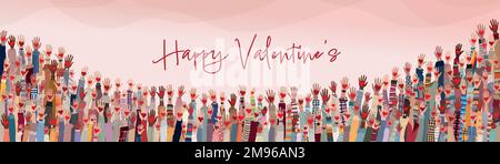 Gruppo di mani alzate di molte persone di cultura diversa tenendo il cuore rosso. Concetto di festa di San Valentino. Copia banner di spazio. Modello poster rosa Illustrazione Vettoriale