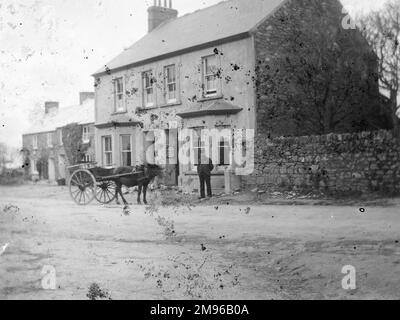 Vista della strada principale e dei negozi di St Davids, Pembrokeshire, Dyfed, Galles del Sud. Un uomo si alza guardando dritto la macchina fotografica, con un cavallo e un carrello nelle vicinanze. Foto Stock