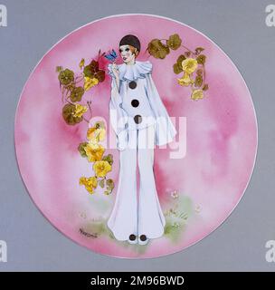 Ragazza in costume Pierrot in questo dipinto circolare stilizzato di Malcolm Greensmith. Foto Stock