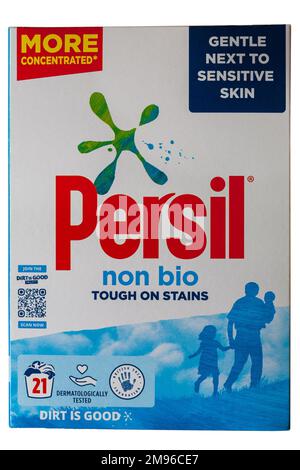 Scatola di Persil non bio polvere per lavaggio resistente sulle macchie delicato vicino alla pelle sensibile più concentrato isolato su sfondo bianco Foto Stock