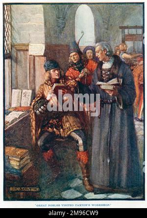 "I grandi nobili hanno visitato il laboratorio di Caxton." William Caxton (circa 1422-1492), mercante e tipografo inglese, il primo a introdurre la stampa in Inghilterra e il primo venditore inglese di libri stampati, è visitato nel suo laboratorio da nobili desiderosi di guardare i suoi libri. Foto Stock