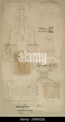 Fondazione per martello a vapore da 30 cwt, piano, elevazione frontale e dettagli Foto Stock