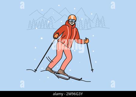 Donna sorridente in outerwear sci in montagna durante le vacanze invernali. Felice sciatore femminile in casco e occhiali di protezione godere di vacanze attive all'aperto. Illustrazione vettoriale. Illustrazione Vettoriale