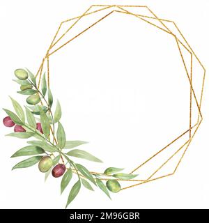 Greenery Clipart, acquerelli e corona d'oro, Foliage Bouquet, ramo degli ulivi, stampa floreale, inviti per matrimoni, Design del logo Foto Stock