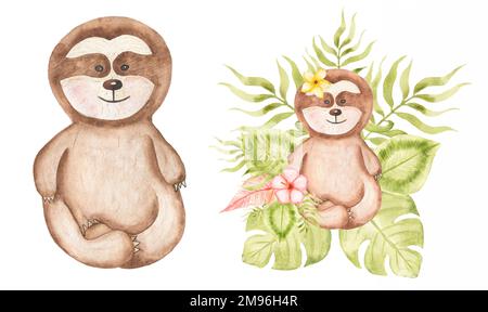 Clipart di Sloth. Acquerello Baby Sloth clip art, animale tropicale, foglie cornice, Jungle Flower bouquet, Baby Shower, Festa di compleanno per bambini Foto Stock