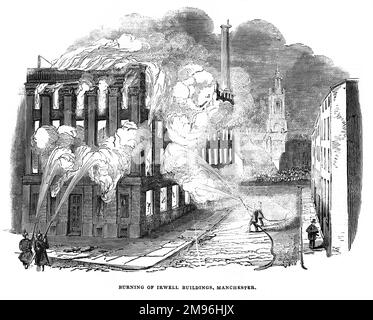 Burning of the Irwell Building, Manchester; Illustrazione in bianco e nero del London Illustrated News; Agosto 1844. Foto Stock