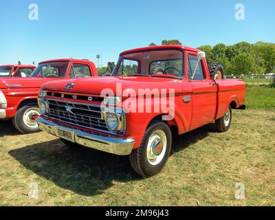 Vecchio rosso 1968 Ford F 100 pick-up camion in campagna. Natura, erba, alberi. Auto classica Autoclasica 2022 Foto Stock