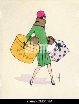 Disegno di biglietto da visita, raffigurante una donna fuori shopping con due grandi scatole contenenti le ultime moda. Foto Stock