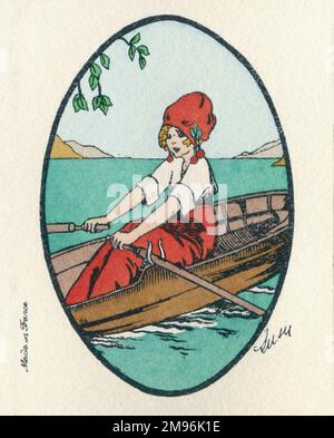 Disegno di biglietto da visita, raffigurante una giovane donna in costume rosso e bianco che voga una barca. Foto Stock