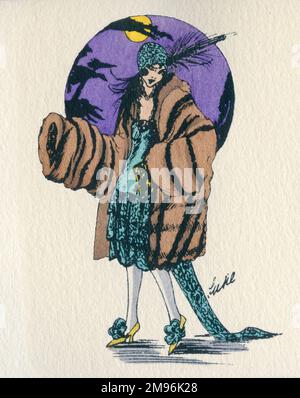 Disegno di biglietto da visita, raffigurante una donna in un vestito blu e un cappotto di pelliccia che sembra troppo grande per lei. Foto Stock