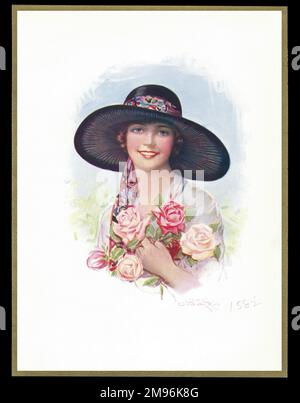 Design a scatola di cioccolato, con una donna sorridente in un cappello largo-brimmed, che tiene le rose. Foto Stock