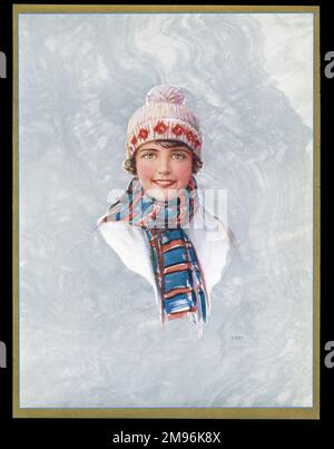 Design a scatola di cioccolato, con una donna sorridente in un cappello e sciarpa lana. Foto Stock