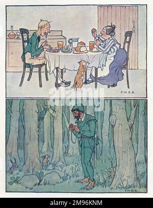 Stanza dei bambini Rhymes -- due illustrazioni. Sopra -- Jack Sprat non poteva mangiare grasso, sua moglie non poteva mangiare magra. Sotto -- un uomo in una foresta in costume verde. Foto Stock