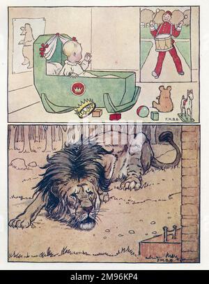 Stanza dei bambini Rhymes -- due illustrazioni. Sopra -- un bambino reale in una culla è intrattenuto da un batterista. Sotto -- un vecchio leone si trova a terra. Foto Stock