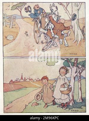 Stanza dei bambini Rhymes -- due illustrazioni. Sopra -- un incidente su una strada di campagna che coinvolge un pedone e un carrello trainato da cavalli. Sotto -- una ragazza e un ragazzo ricovero sotto un albero durante una doccia di pioggia. Foto Stock